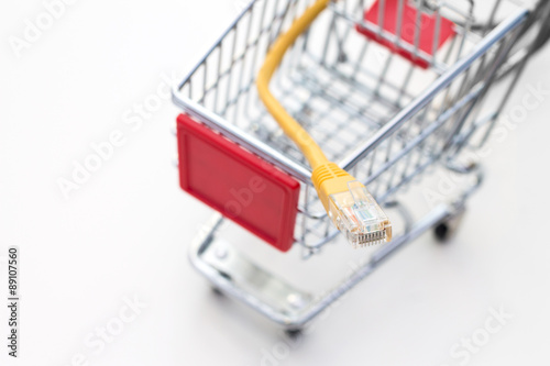 Miniature trolley with LAN cable. Conception of shopping on the internet.