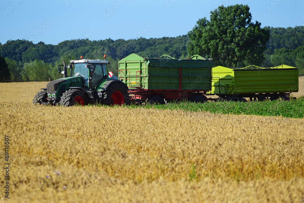 tractor with two trailers at harvest on a wheat field tractor with two trailers at harvest on a wheat field