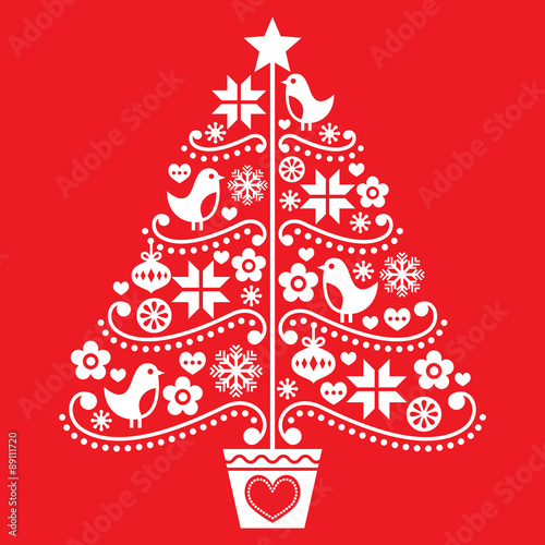 Christmas tree design - folk style with birds, flowers and snowflakes 