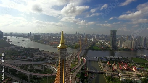 Industrial Ring suspension bridge in Bangkok city Thailand, aerial shot photo