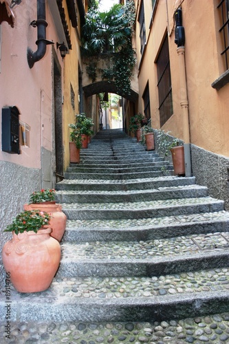 Bellagio narrow alleys in the old village on Lake Como in Lombardy, Italy