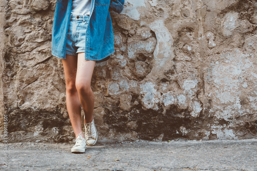 leg girl with white shoes : film texture in vintage style leg girl with white shoes : film texture in vintage style