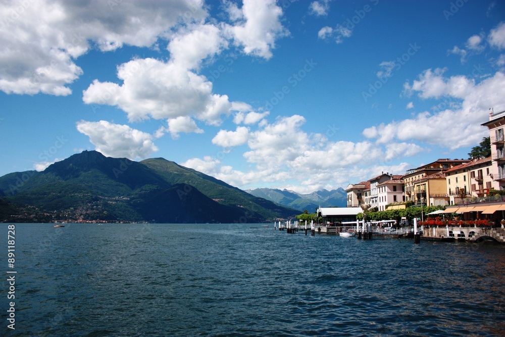 Bellagio lakefront on the shores of Lake Como under blue sky in Lombardy Italy 