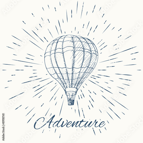 air balloon and vintage sun burst frame. Adventure emblem
