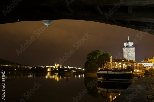 Canvas Print Prague night panorama from under Jirasek Bridge