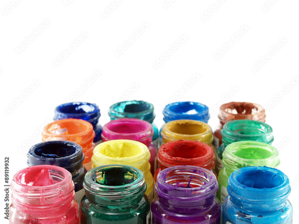 group of colorful opened glasses bottles of poster color isolated on white group of colorful opened glasses bottles of poster color isolated on white