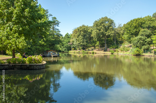 Tranquil lake scene in rural area in Ataturk Arboretum Bahcekoy Istanbul