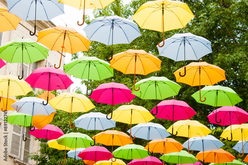 colorful umbrellas hanging in the air