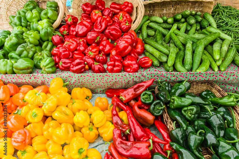 Display of fresh peppers at the market