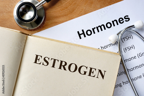 Estrogen  word written on the book and hormones list. photo