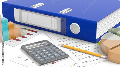 Office desktop with folder template, stats, calculator, pencil and papers