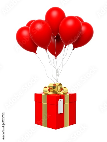 Group of red blank balloons with gift box attached isolated