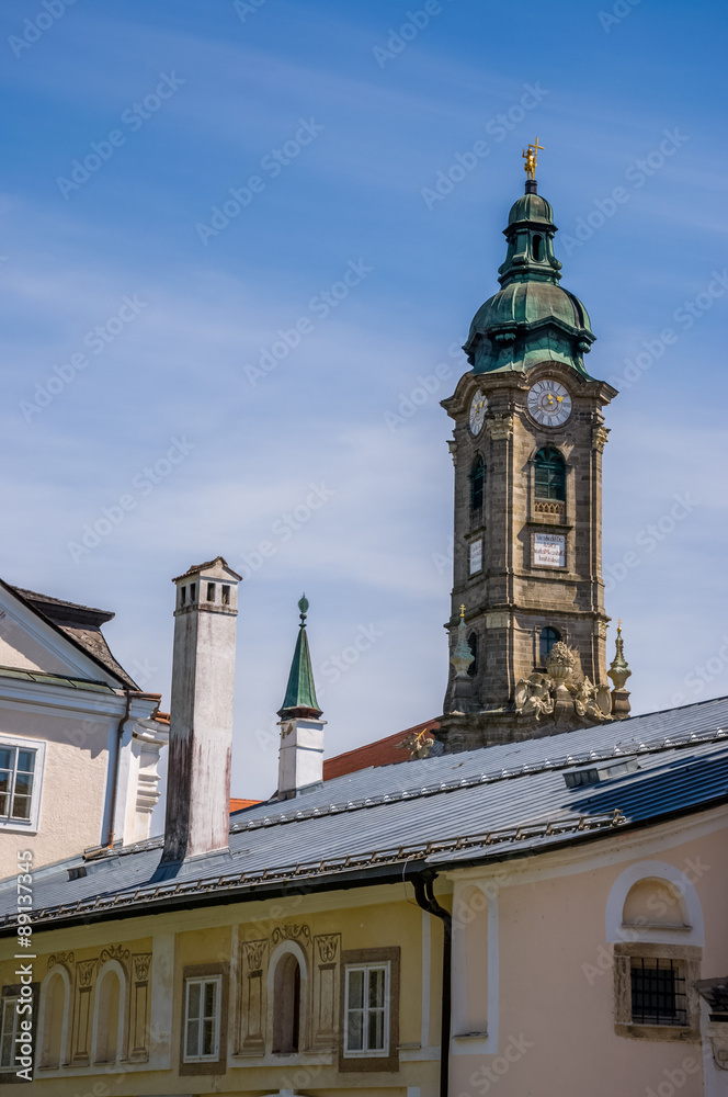 Fototapeta premium Roofs of houses and tower of Zwettl Abbey, Austria