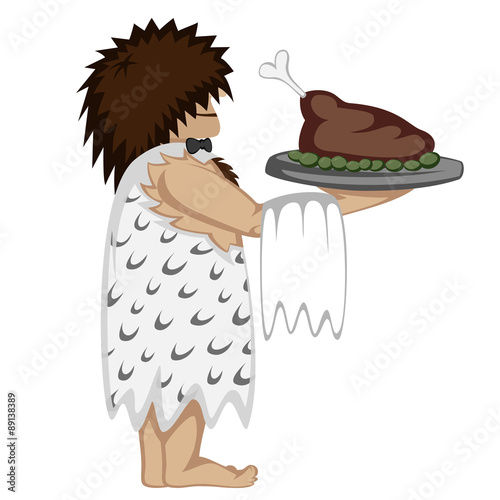 Prehistoric waiter with a tray and paleo food (cartoon style)