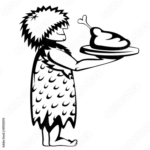 Silhouette of a prehistoric waiter with a tray and paleo food (cartoon style)