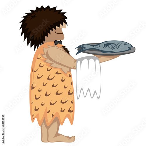 Prehistoric waiter with a tray and a fresh fish (cartoon style)