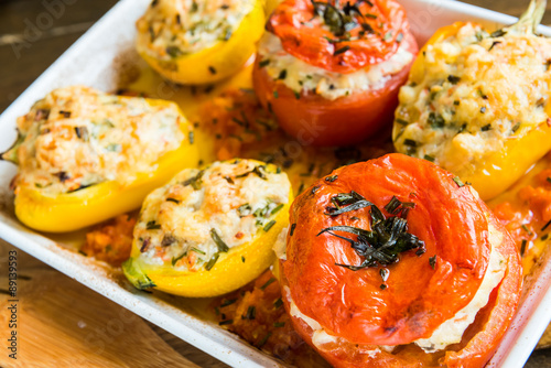 Stuffed vegetables baked in the oven. Above view