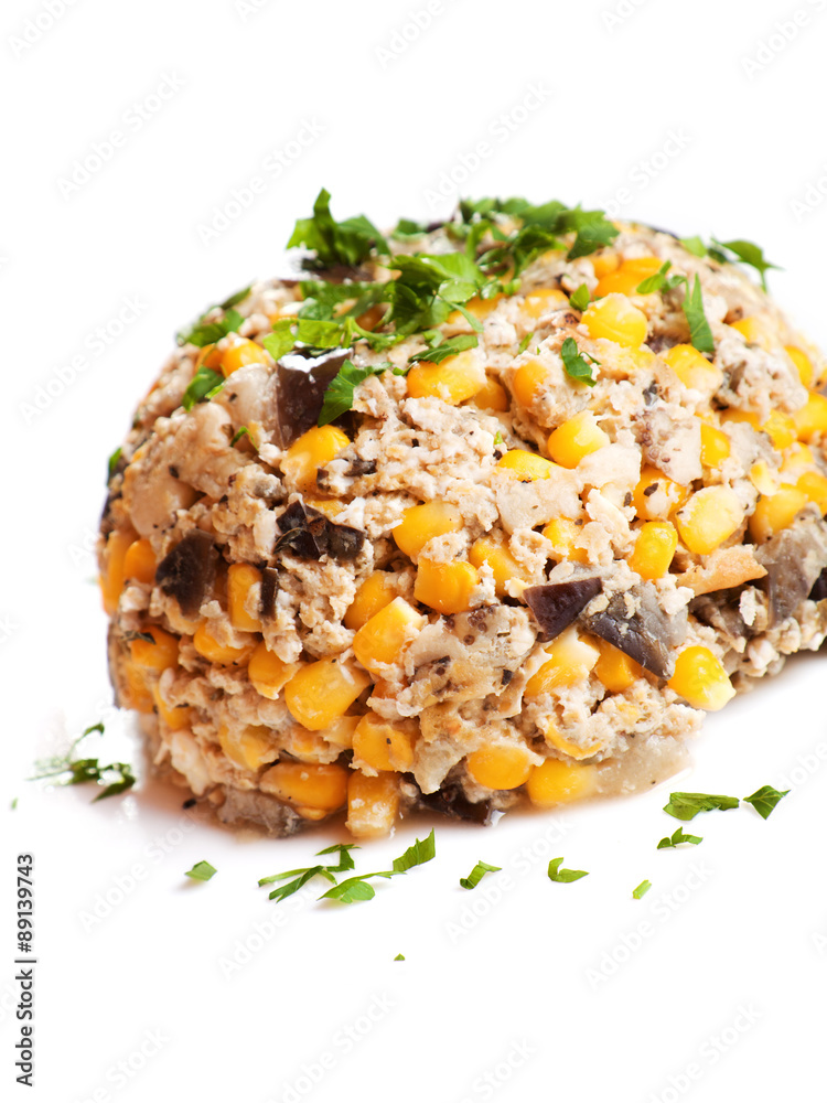 White corn with eggs and eggplants White corn with eggs and eggplants