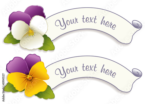 Pansy garden flowers, Johnny Jump Ups in lavender, gold and white on two vintage label tags, copy space for your custom text, isolated on white background