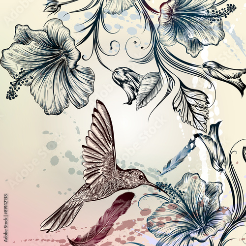 Vector back or pattern with birds and flowers