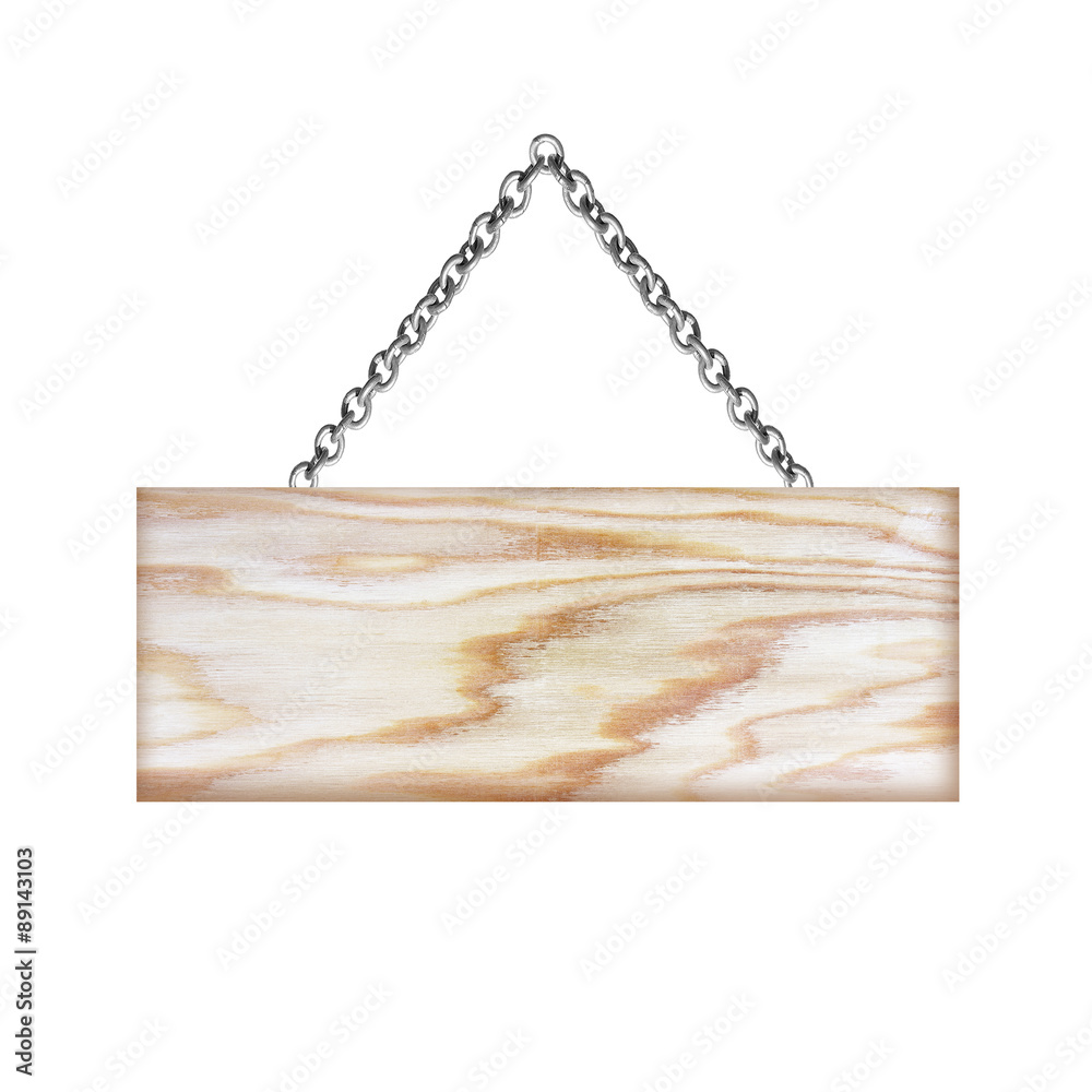 Wooden sign hanging on a chain isolated on white background Wooden sign hanging on a chain isolated on white background