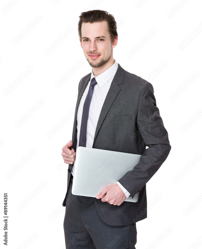 Caucasian businessman hold with laptop computer Caucasian businessman hold with laptop computer