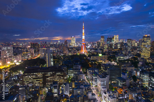 Widok z lotu ptaka na panoramę miasta Tokio, na budynki i ulicę Japonii