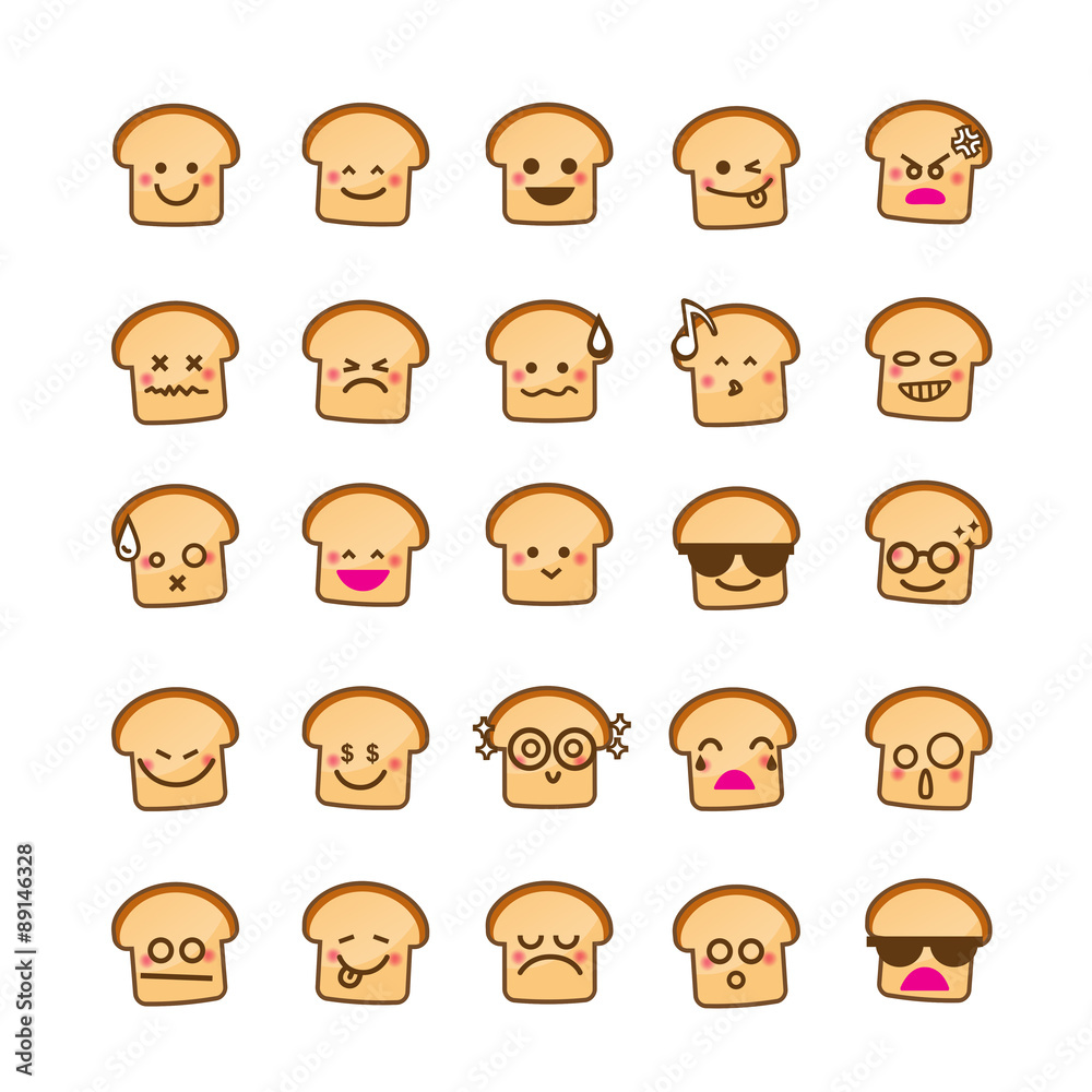 Collection of difference emoticon icon of bread icon on the whit Collection of difference emoticon icon of bread icon on the whit