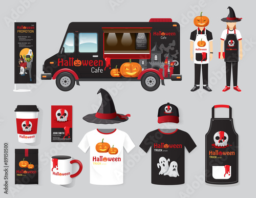 Vector restaurant cafe design set street halloween food truck 