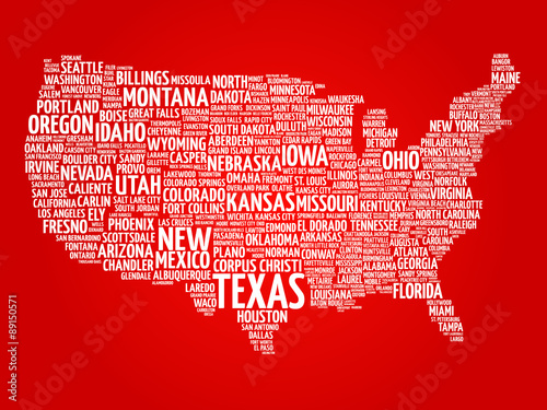 USA Map word cloud with most important cities