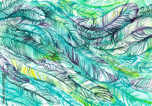 green and red feathers  watercolor sketch  abstract background  postcard  