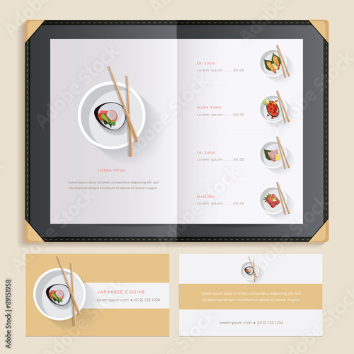 Japanese cuisine sushi recipes menu catalog template with food illustrations and sushi restaurant business card mockups