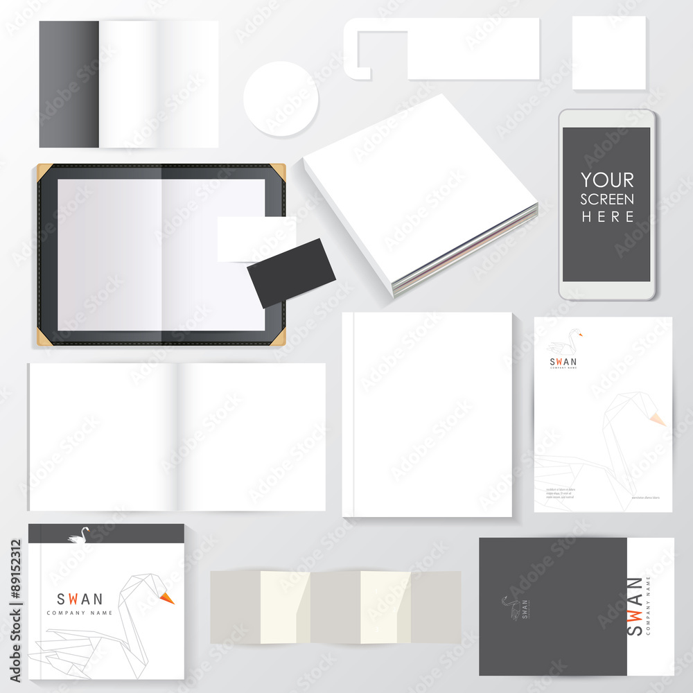 Empty corporate visual identity mockup template set. White paper documents isolated on light background. Empty corporate visual identity mockup template set. White paper documents isolated on light background.