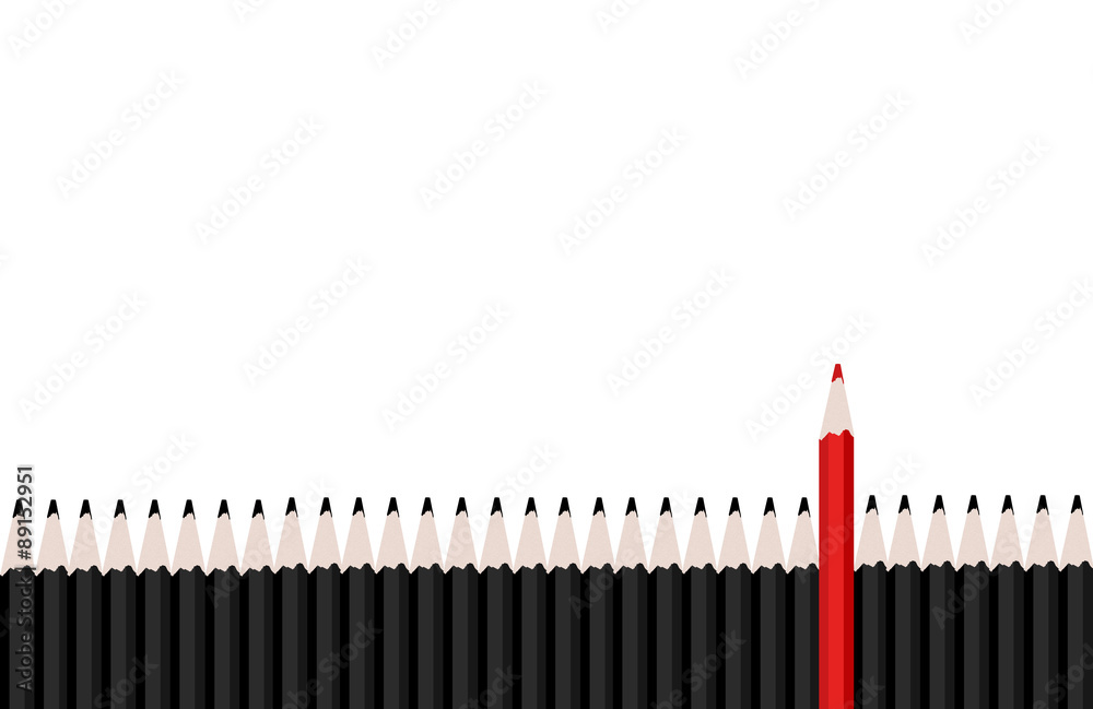 Row of black pencils with red pencil standing out. Row of black pencils with red pencil standing out.