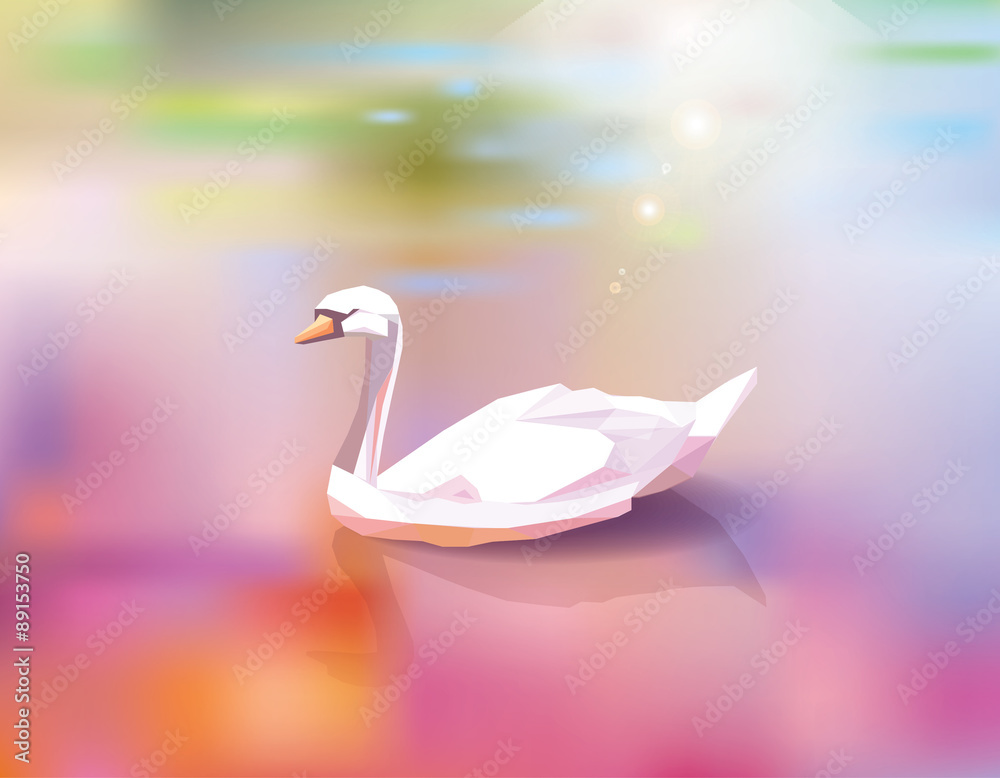 Naklejka premium Beautiful polygonal white swan in a colorful vibrant gradient mesh pond vector illustration