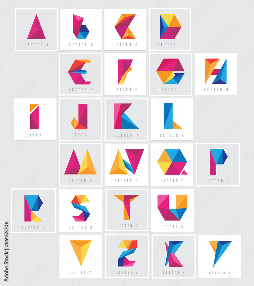 Colorful low polygon alphabet letters collection set. Abstract geometric triangular multicolored logo elements for corporate visual identity
