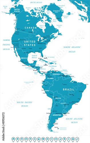 North and South America map - highly detailed vector illustration. Image contains land contours, country and land names, city names, water object names, navigation icons.