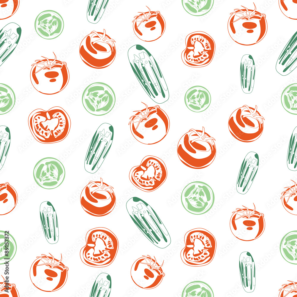 Seamless background made of cucumber and tomato in linear style Seamless background made of cucumber and tomato in linear style