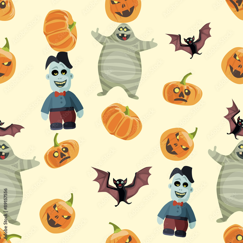 Naklejka premium Seamless colorful background made of pumpkin, bat, mummy and zom