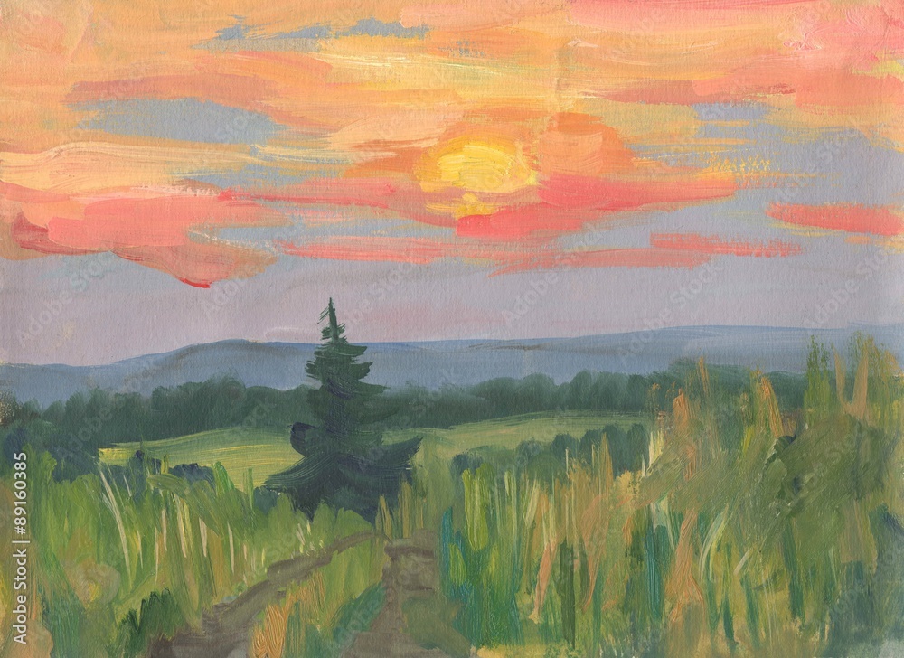 Fototapeta premium Summer landscape with tree at sunset. Oil painting