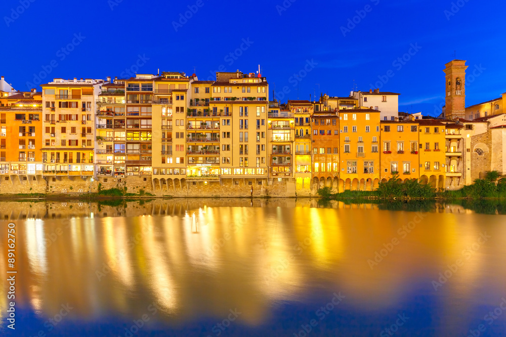 Embankment of river Arno at night, Florence, Italy