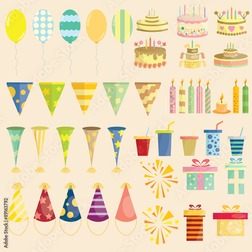 Birthday party balloon, hat, cake and gift flat icon illustration.  photo