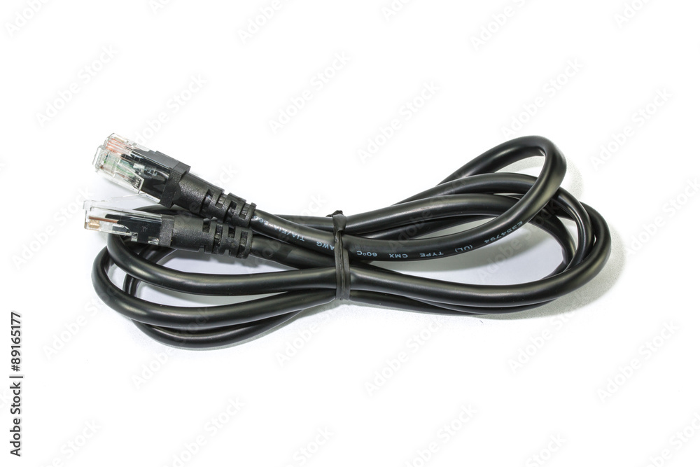 Black RJ45 computer network connecting cable on white background Black RJ45 computer network connecting cable on white background