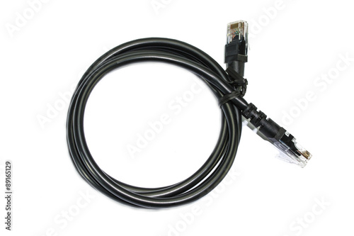 top view black RJ45 computer network connecting cable on white b
