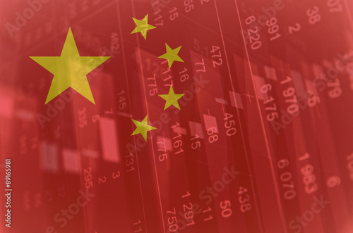 Photography Flag of China. Financial data on background.