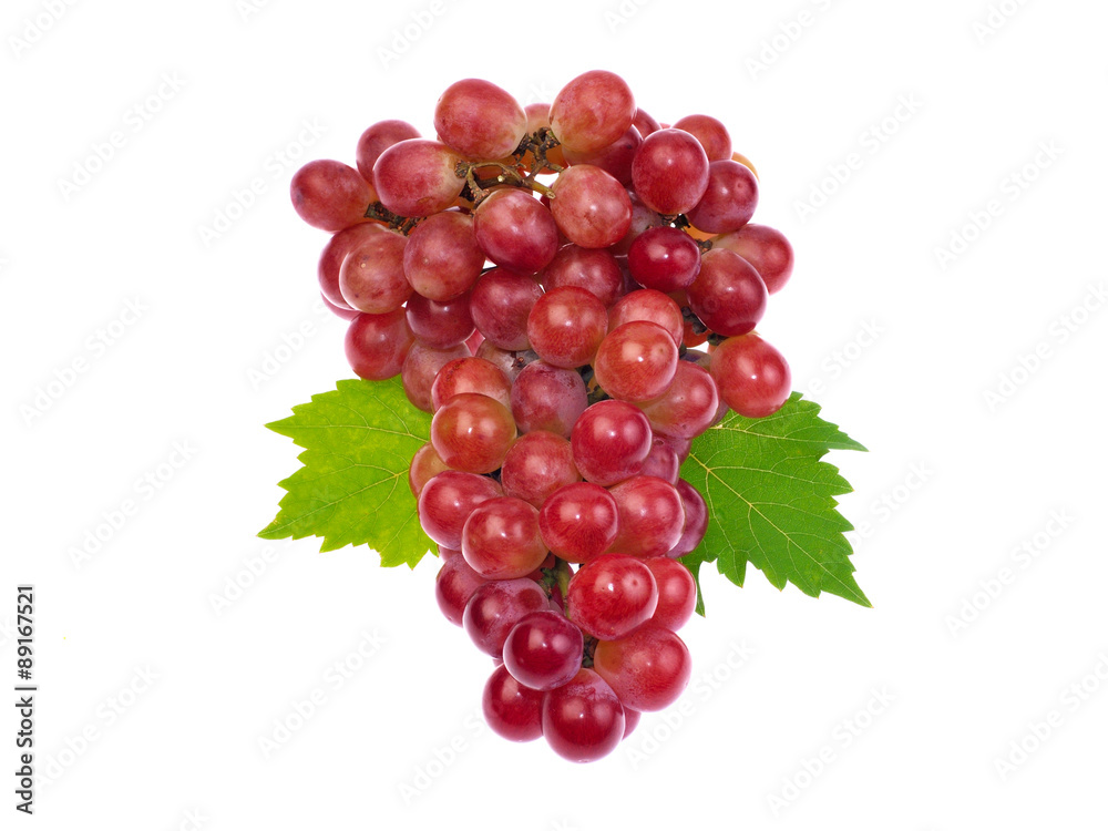 Red grape with leaf isolated on white background