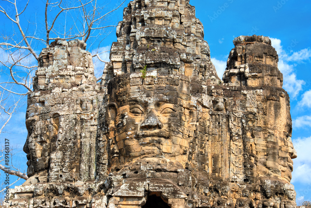 Giant stone faces of Bayon temple in Angkor Thom, Siem Reap, Cambodia