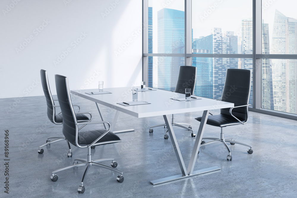 Modern meeting room with huge windows looking at Singapore business city. Black leather chairs and a white table with laptops. 3D rendering.