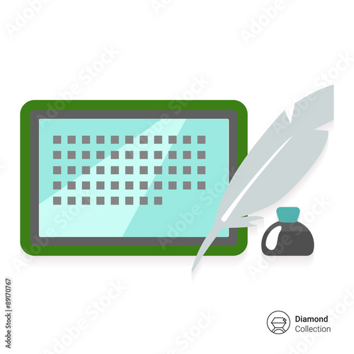 Inkwell, quill and tablet computer