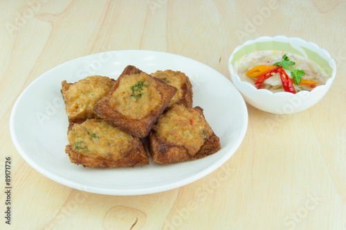 Fried bread with minced pork spread (Thai food appetizer).